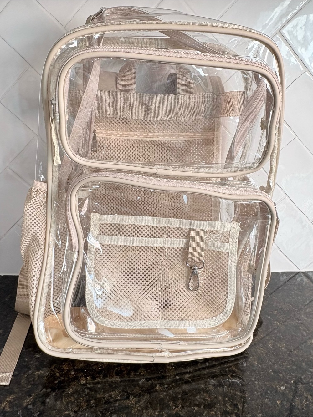 Clear Beige Transparent Backpack Organizer with Multiple Front Pockets